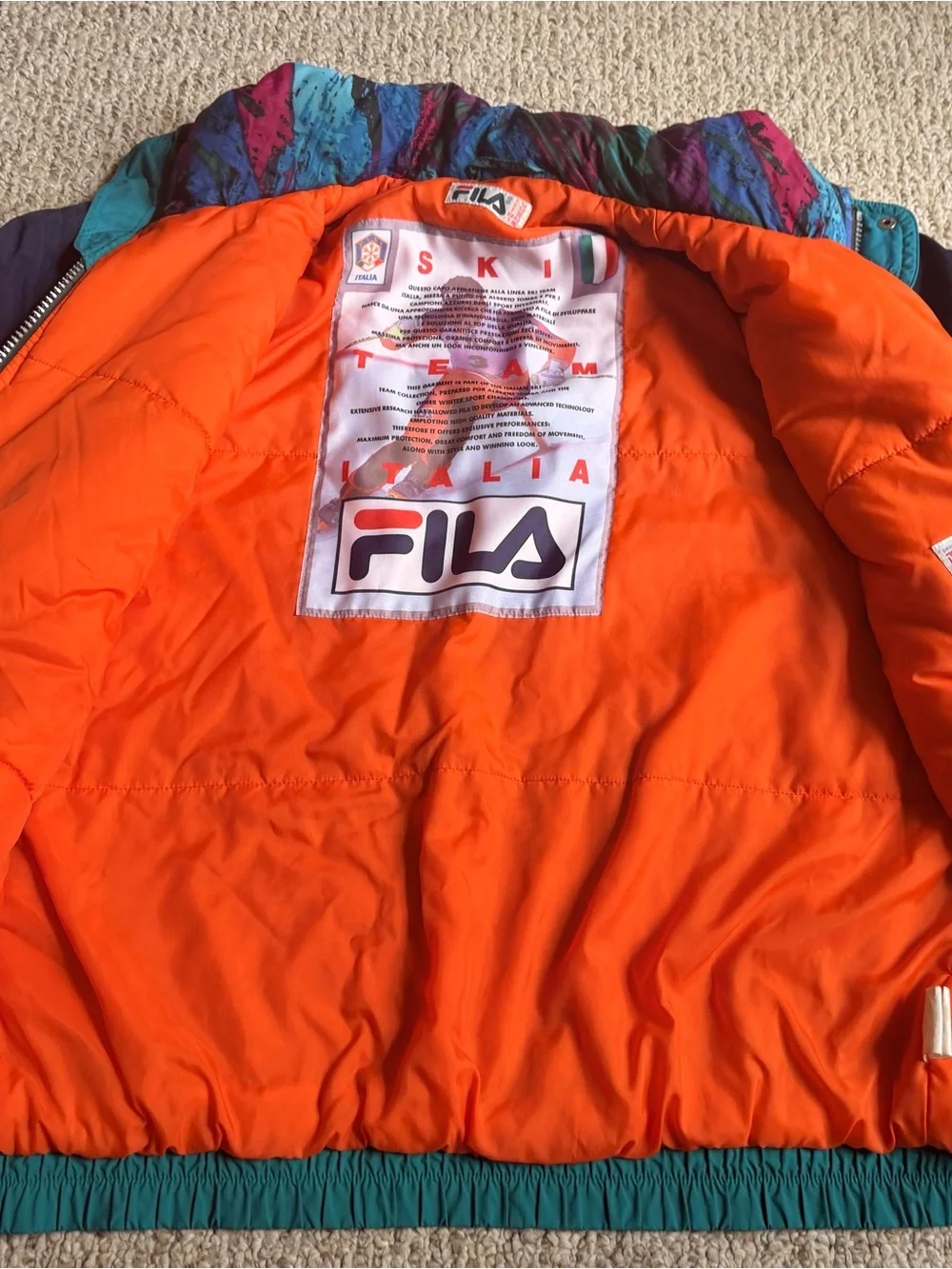 Vintage Fila Ski Team Italia Jacket Mens 42 Large 90s Retro Colorblock Puffer